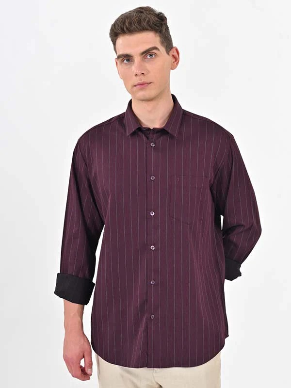 Indian Terrain Men's Regular Fit Full Sleeve Striped Maroon Shirt